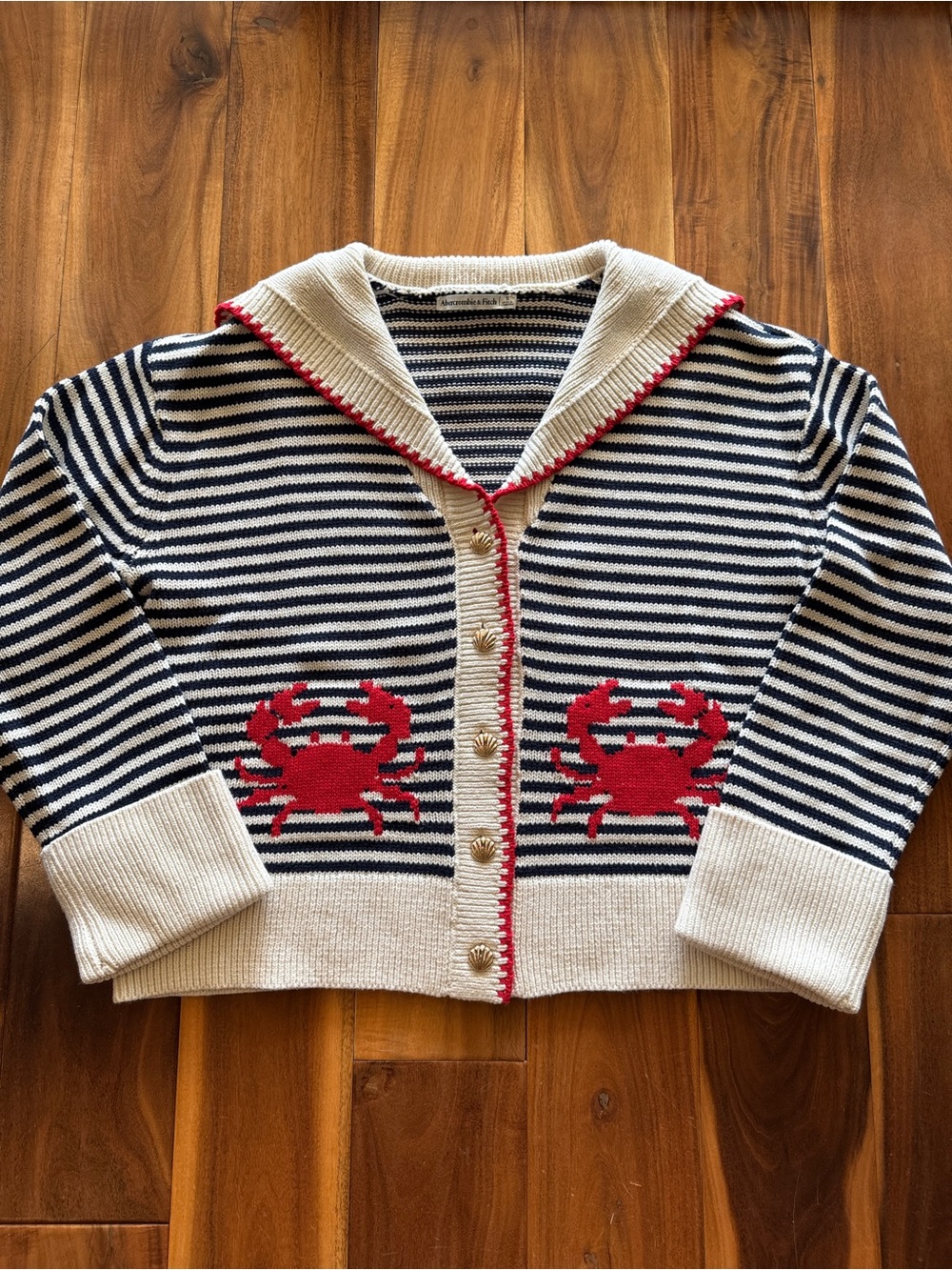 Abercrombie & Fitch Navy & Cream Striped Cardigan with Red Crab Motifs